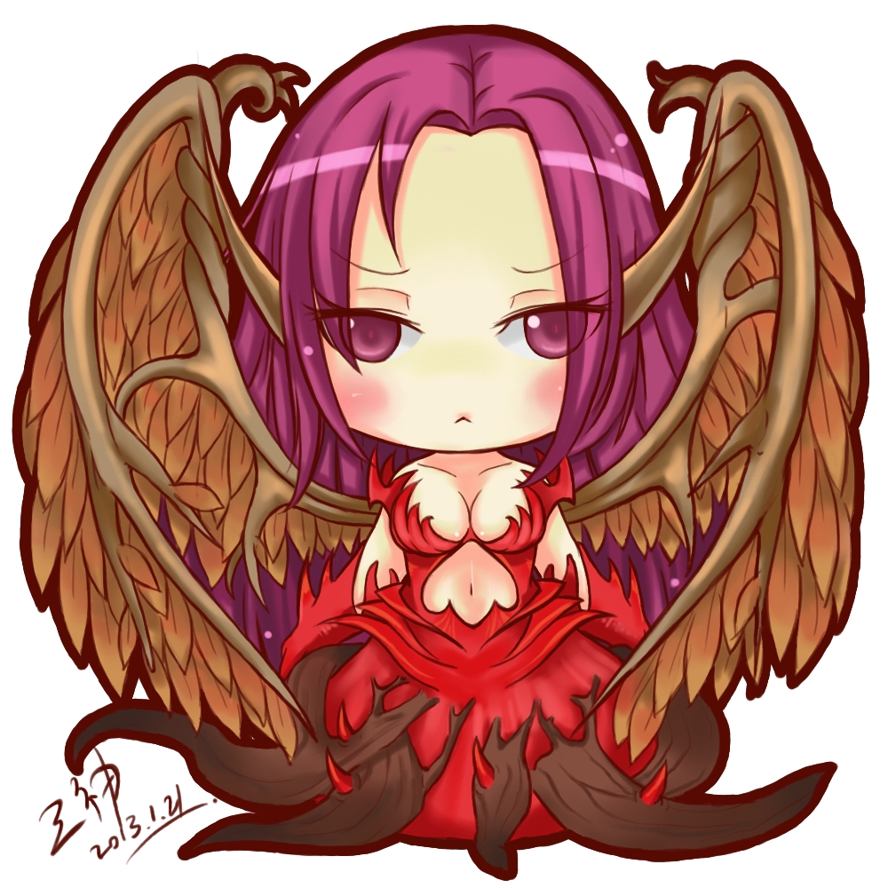 1girl :&lt; alternate_costume blush breasts chibi cleavage league_of_legends morgana navel pointy_ears purple_eyes purple_hair shenren signature solo violet_eyes white_background wings