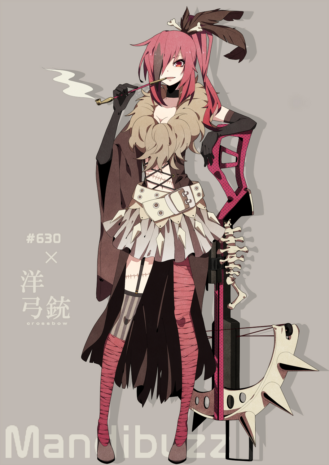 1girl asymmetrical_legwear belt bone bow_(weapon) breasts character_name choker cleavage crossbow elbow_gloves feathers garter_straps gloves hair_feathers hair_over_one_eye highres mandibuzz merlusa multicolored_hair navel open_mouth personification pigeon-toed pipe pokemon ponytail red_eyes red_hair redhead scar solo standing two-tone_hair weapon