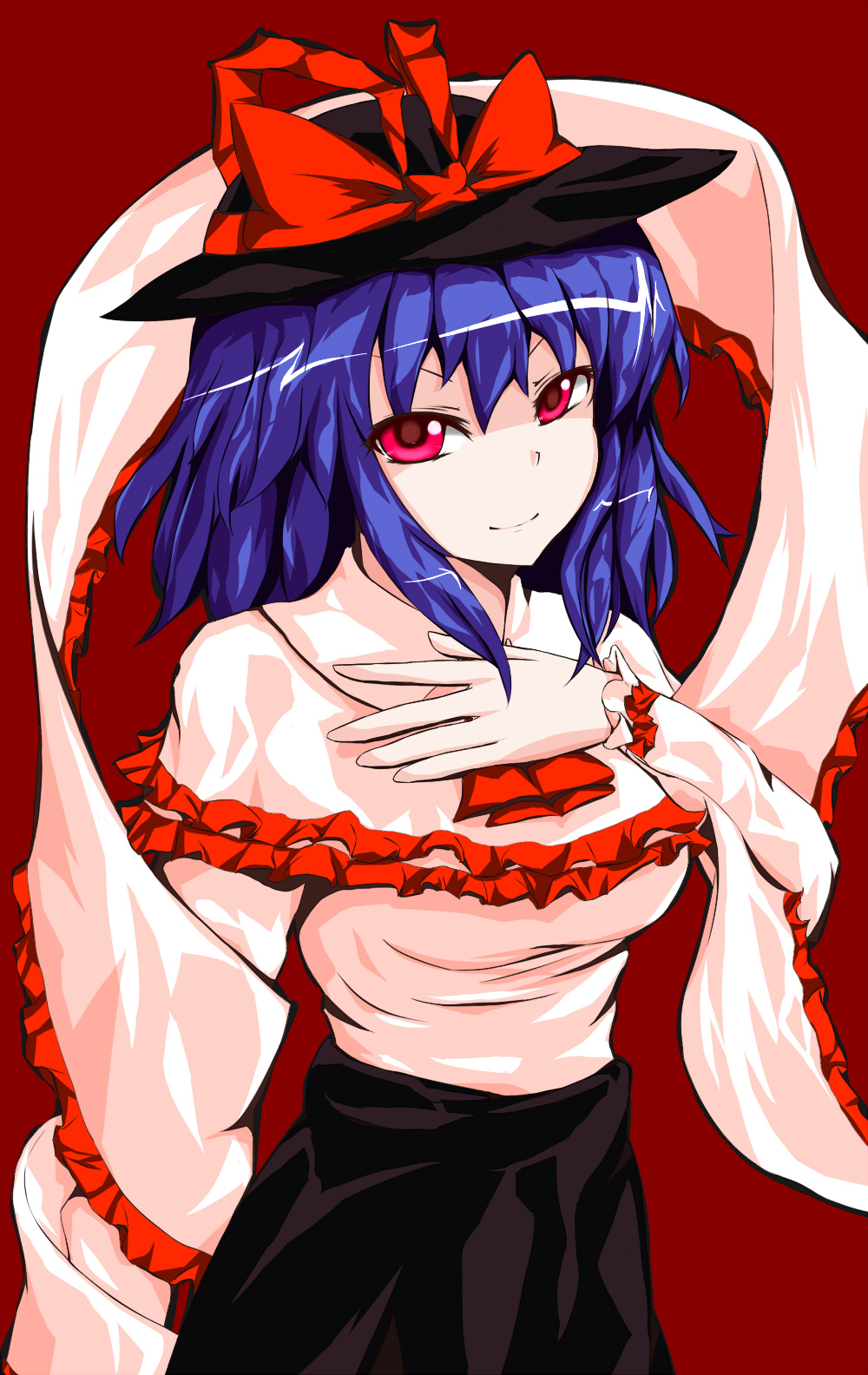 1girl alphes_(style) breasts hat highres krace looking_at_viewer nagae_iku parody simple_background skirt smile solo style_parody touhou