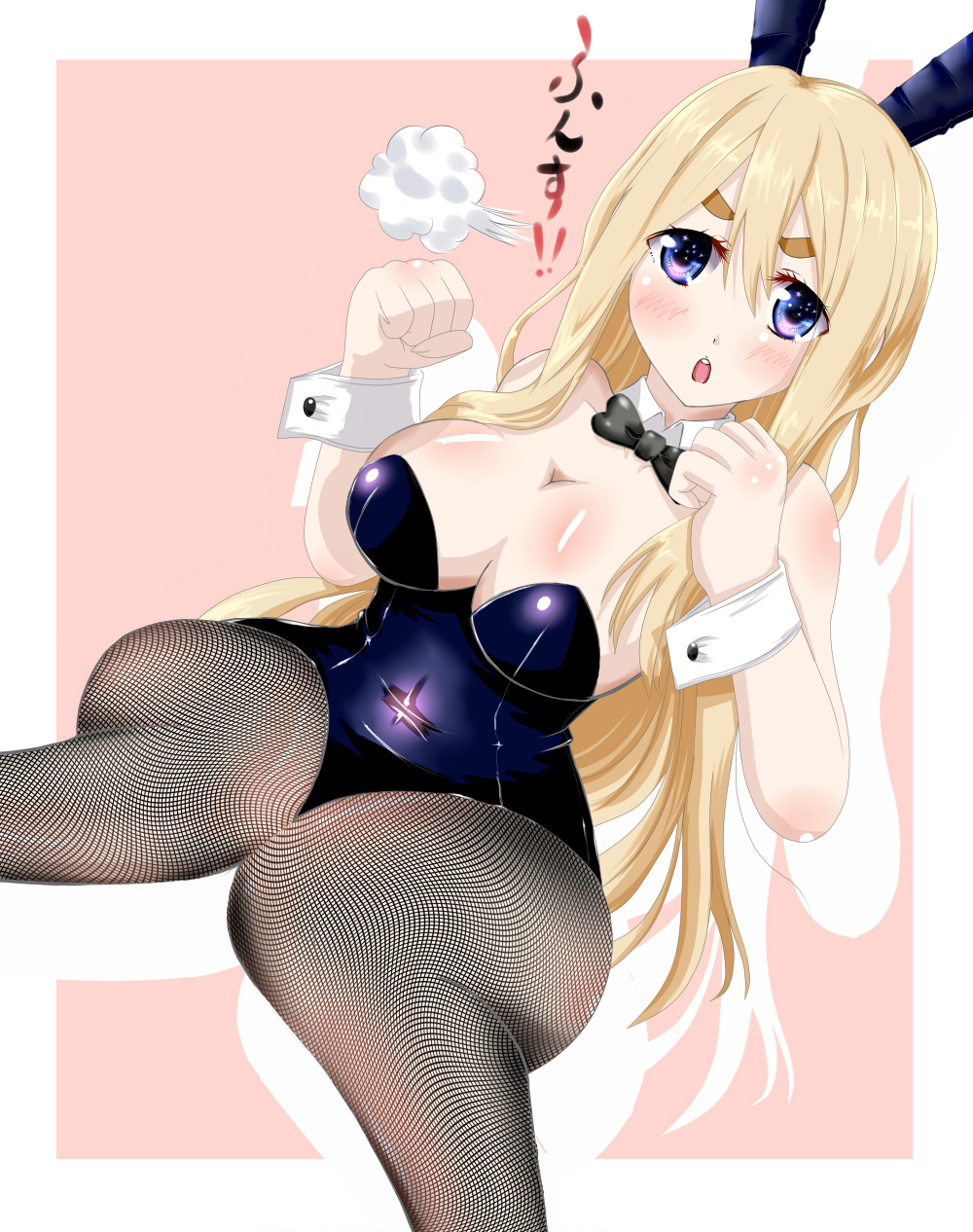 1girl angry animal_ears bare_shoulders blonde_hair blue_eyes bowtie breasts bunny_ears bunny_girl bunny_tail bunnysuit cleavage detached_collar fishnets highres k-on! kotobuki_tsumugi leotard long_hair open_mouth pantyhose rabbit_ears solo tail text tomato_(lycopene) wrist_cuffs