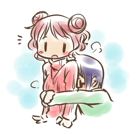 2girls blush hidamari_sketch hiro hug hug_from_behind lowres mukiki multiple_girls pink_hair sae short_hair yuri