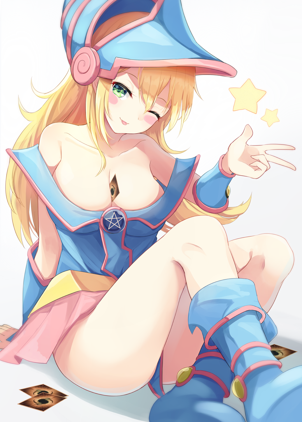 1girl :p ;) ass bare_shoulders between_breasts blonde_hair blue_footwear blue_hat blush_stickers boots breasts card cleavage collarbone commentary_request dark_magician_girl gradient gradient_background green_eyes grey_background hair_between_eyes hand_up hat head_tilt highres igakusei knees_up large_breasts long_hair looking_at_viewer miniskirt off-shoulder_shirt off_shoulder one_eye_closed pentagram pink_skirt shadow shirt sitting skirt smile solo star thighs tongue tongue_out w white_background yu-gi-oh!