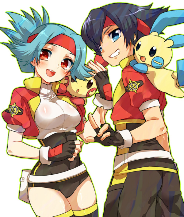 1boy 1girl black_hair blue_eyes blue_hair blush fanny_pack fingerless_gloves gloves grin headband hinata_(pokemon) irouha jacket kazuki_(pokemon) leotard looking_at_viewer minun open_mouth plusle pokemon pokemon_(creature) pokemon_ranger red_eyes smile v white_background