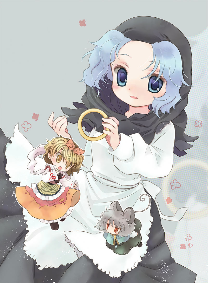 3girls animal animal_ears biyon black_hair blonde_hair blue_eyes bow bracelet crystal hagoromo hair_ornament highres hood hoop jewelry kumoi_ichirin long_skirt long_sleeves minigirl mouse_ears mouse_tail multicolored_hair multiple_girls nazrin necklace open_mouth pendant red_eyes shawl short_hair silver_hair skirt smile tail tiger_print toramaru_shou touhou two-tone_hair wide_sleeves yellow_eyes