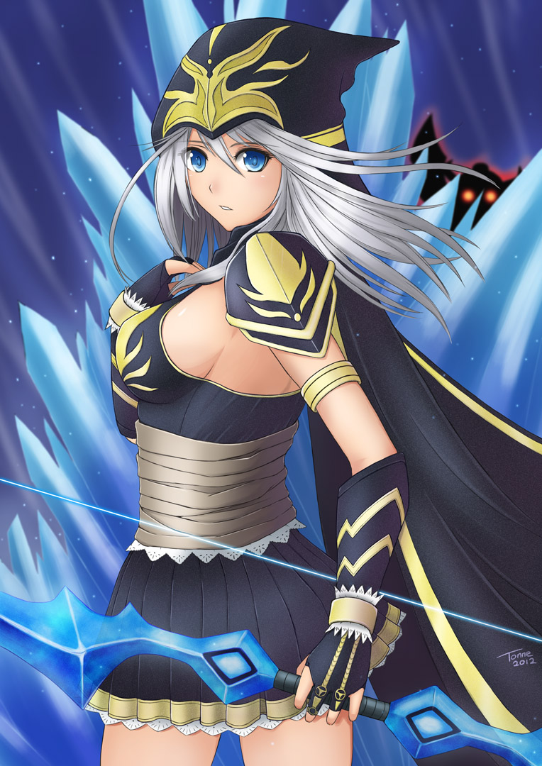 1boy 1girl armlet armor ashe_(league_of_legends) blue_eyes bow_(weapon) breasts cape fingerless_gloves gloves glowing glowing_eyes hood ice league_of_legends long_hair shoulder_pads sideboob signature silver_hair tonnelee tryndamere weapon