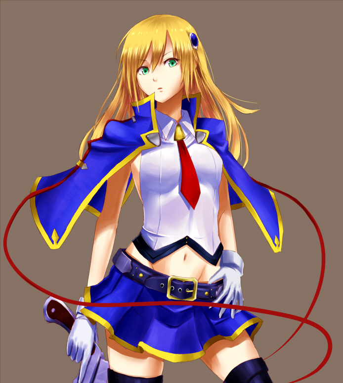 1girl belt belt_buckle black_legwear blazblue blazblue:_chrono_phantasma blonde_hair bolverk breasts cape gloves green_eyes gun hair_ornament hand_on_belt handgun long_hair miniskirt mound_of_venus navel necktie noel_vermillion ribbon simple_background skirt solo takkayaa_(wasshi3) thigh-highs thighhighs weapon white_gloves zettai_ryouiki