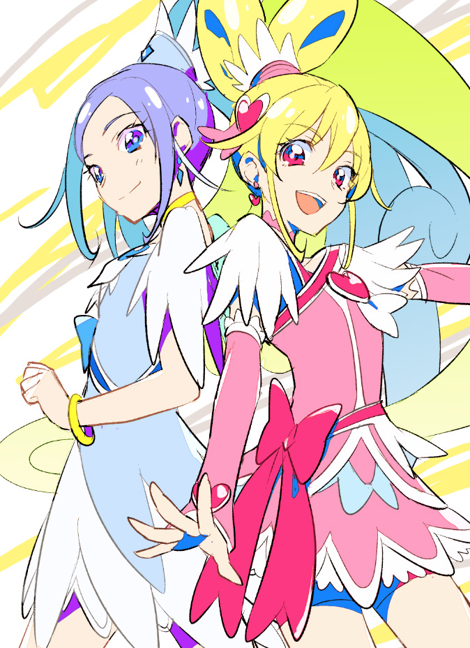 2girls aida_mana arm_warmers back-to-back bike_shorts blonde_hair blue_dress blue_eyes blue_hair blush bracelet choker cure_diamond cure_heart curly_hair detached_sleeves dokidoki!_precure dress earrings eyelashes hair_flip hair_ornament half_updo happy heart hishikawa_rikka jewelry kurochiroko long_hair looking_at_viewer magical_girl multiple_girls open_mouth pink_dress pink_eyes ponytail precure shorts shorts_under_skirt sketch smile standing white_background