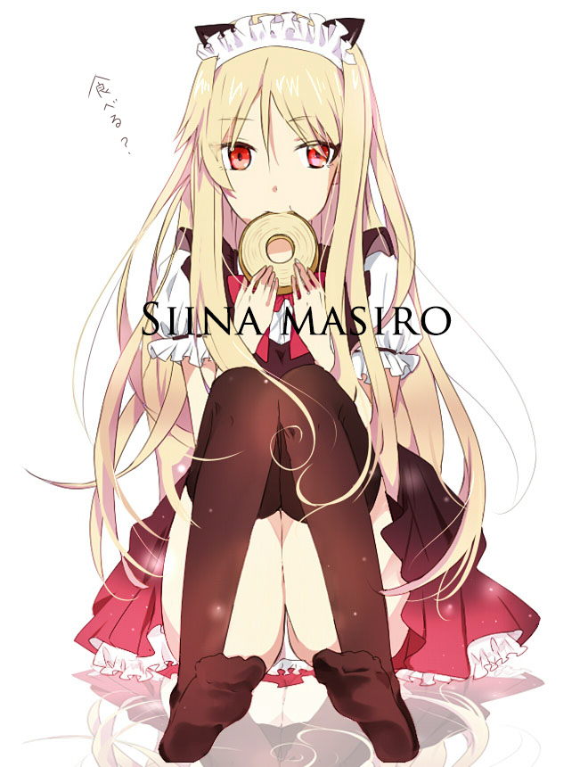 1girl animal_ears baumkuchen black_legwear blonde_hair cake cat_ears character_name dress food kona66 kunreishiki long_hair looking_at_viewer maid maid_headdress red_dress red_eyes sakura-sou_no_pet_na_kanojo shiina_mashiro solo