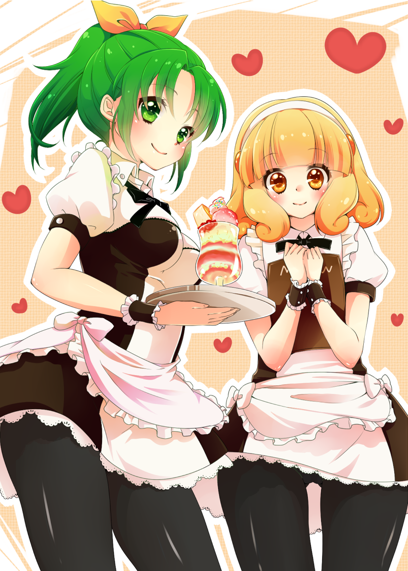 2girls alternate_costume apron black_legwear blonde_hair blush bow bowtie breasts enmaided frills green_eyes green_hair hair_bow hairband heart kise_yayoi maid midorikawa_nao multiple_girls pantyhose parfait ponytail precure smile smile_precure! sorane_rin wrist_cuffs yellow_eyes