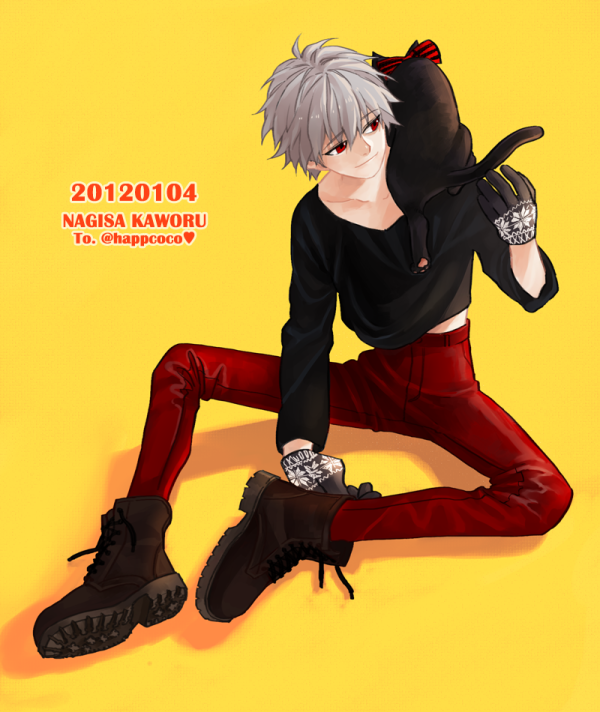 1boy black_cat boots cat gloves grey_hair nagisa_kaworu neon_genesis_evangelion red_eye sitting solo