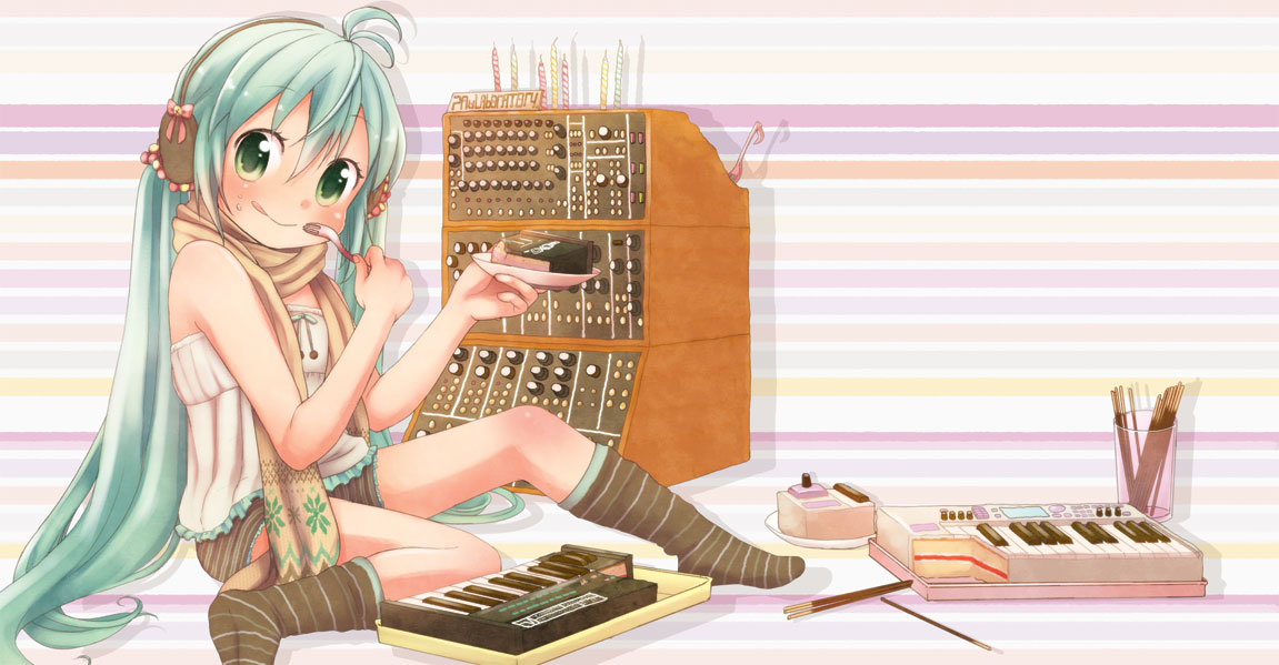 1girl :p ahoge cake candle earmuffs food fork hatsune_miku instrument pocky scarf shinryou_rei socks solo striped striped_background synthesizer tongue vocaloid