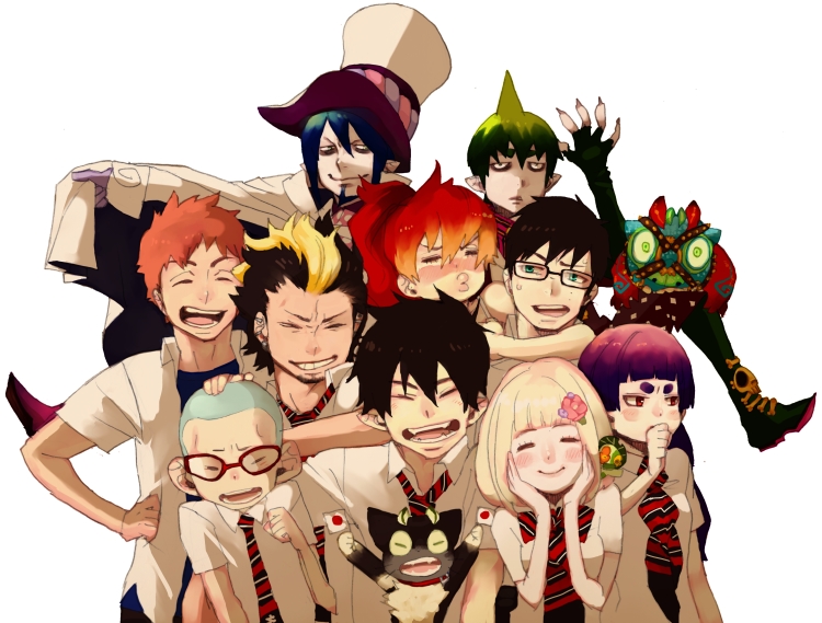 amaimon ao_no_exorcist glasses kamiki_izumo kazue_kato kirigakure_shura kuro_(ao_no_exorcist) mephisto_pheles miwa_konekomaru moriyama_shiemi official_art okumura_rin okumura_yukio shima_renzou suguro_ryuuji