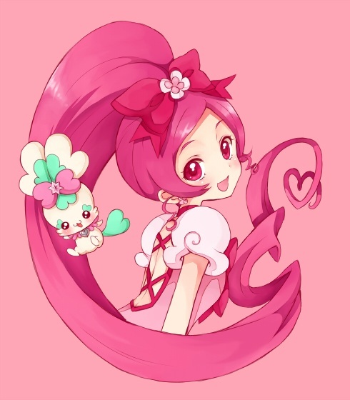 1girl bow choker chypre_(heartcatch_precure!) creature cure_blossom female hair_bow hanasaki_tsubomi heartcatch_precure! long_hair looking_back magical_girl pink pink_background pink_eyes pink_hair ponytail precure puffy_sleeves sikuhima smile solo