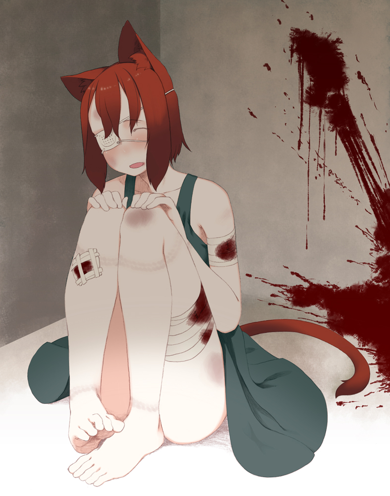 1girl animal_ears bandage bandages blood blood_stain blush breasts brown_hair cat_ears cat_tail dress eyepatch looking_at_viewer majima_yuki open_mouth original rope_marks short_hair sitting smile solo tail