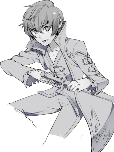 1boy asbel_lhant coat kiragera male monochrome pants ready_to_draw scabbard sheath solo tales_of_(series) tales_of_graces white_background