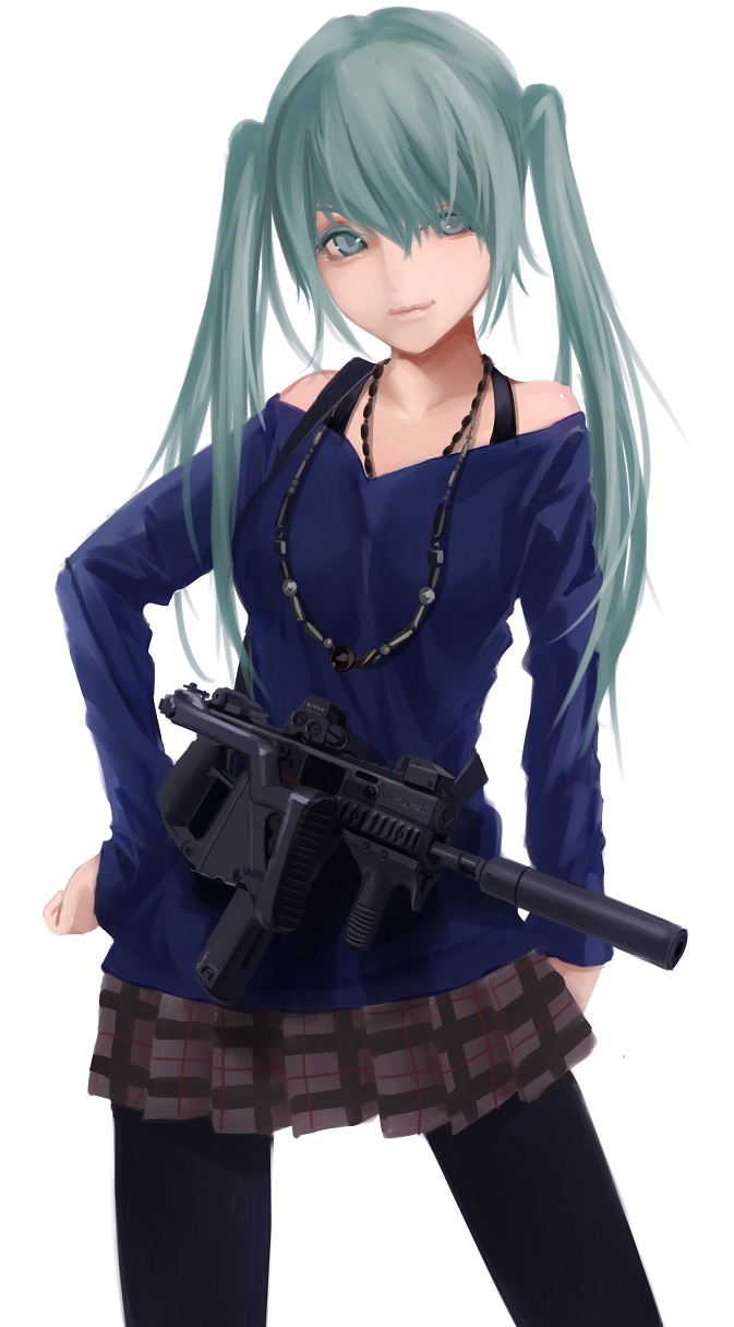 1girl green_eyes green_hair gun hand_on_hip hatsune_miku highres jewelry necklace pantyhose simple_background skirt solo submachine_gun tdi_vector terabyte_(rook777) twintails vocaloid weapon white_background