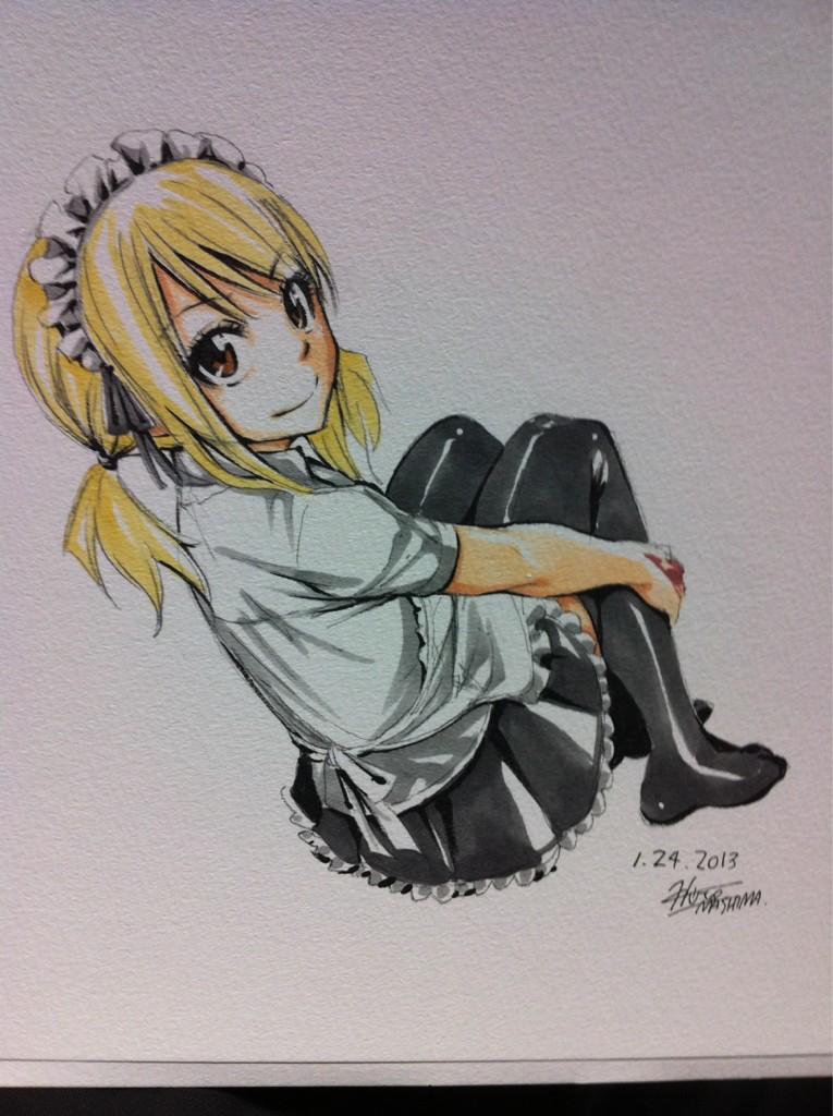 1girl alternate_costume black_legwear blonde_hair brown_eyes dated enmaided fairy_tail frills from_behind leg_hug looking_back lucy_heartfilia maid maid_headdress mashima_hiro official_art ribbon signature smile solo thigh-highs thighhighs traditional_media twintails