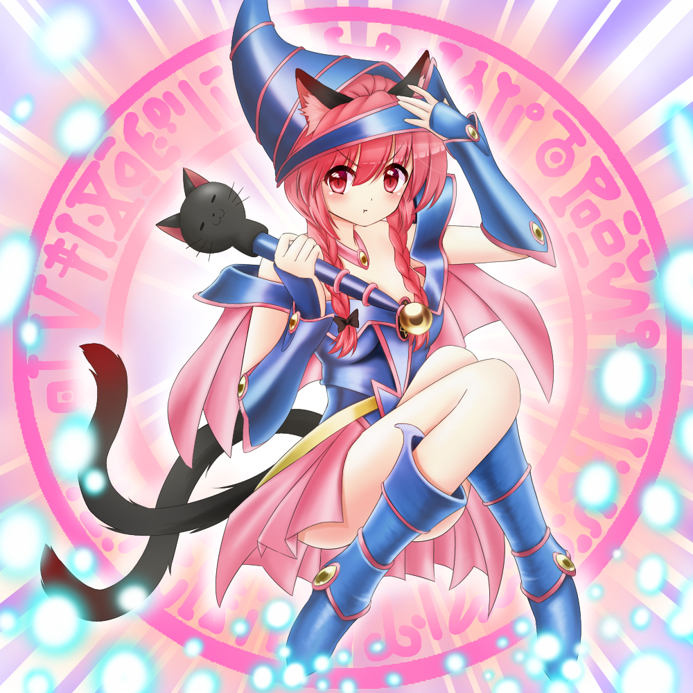 1girl :t animal_ears blush boots braid breasts cape cat_ears cat_tail dark_magician_girl dark_magician_girl_(cosplay) hat kaenbyou_rin magic_circle multiple_tails red_eyes red_hair redhead short_hair showgirl_skirt skirt solo staff tail topia touhou twin_braids