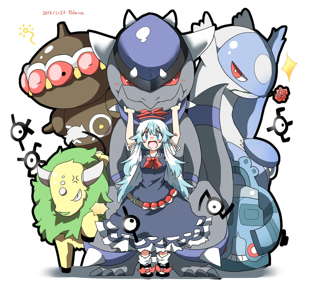 1girl alternate_color belt blue_dress blue_eyes blue_hair bow bronzong character_name claydol creature dated dress flower hat kamishirasawa_keine latios long_hair mary_janes no_nose open_mouth poke_ball pokemon rampardos rebecca_(keinelove) red_eyes rose shiny_pokemon shoes short_sleeves signature smile standing tauros touhou unown