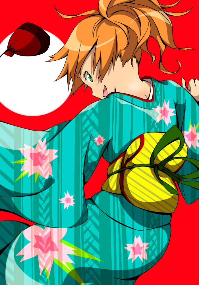 1girl akai_homura green_eyes japanese_clothes kenji_(8zidayo) kimono looking_back obi orange_hair ponytail red_background short_hair smile solo tokimeki_memorial tokimeki_memorial_2 yukata