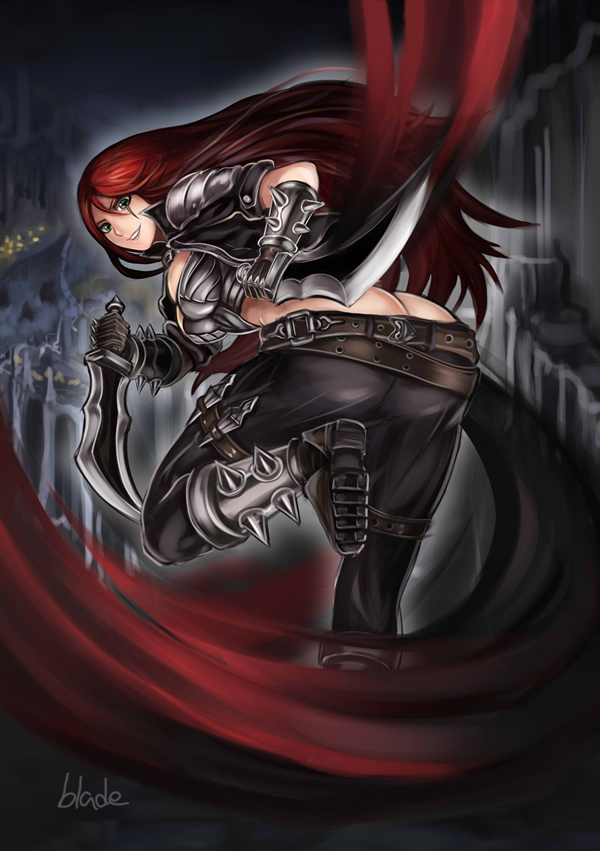 1girl armor ass belt breasts butt_crack from_behind gauntlets green_eyes katarina_du_couteau knife league_of_legends long_hair parted_lips qblade red_hair redhead reverse_grip scar signature smile solo spikes weapon