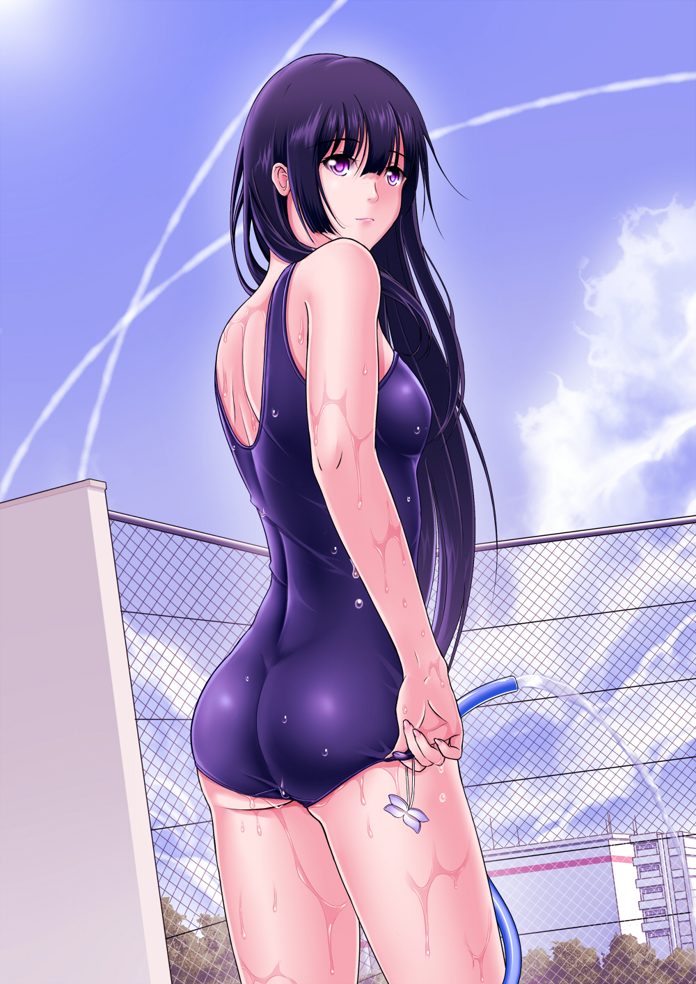 1girl ass black_hair chainlink_fence fight!_(tipyhoho) highres hose long_hair looking_back one-piece_swimsuit original purple_eyes school_swimsuit sky swimsuit violet_eyes water wet