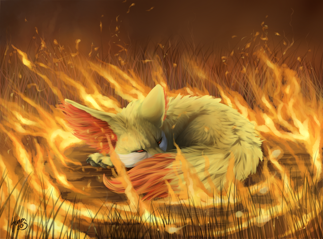 burning creature fennekin fire grass lying pokemon pokemon_(creature) pokemon_(game) pokemon_xy realistic shadeofshinon signature solo