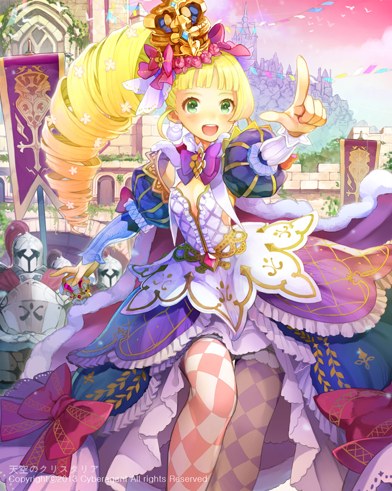 1girl argyle argyle_legwear armor bangs blonde_hair blunt_bangs bowtie castle cocorip crown dated drill_hair frilled_skirt frills green_eyes juliet_sleeves knight long_sleeves open_mouth original overskirt pointing ponytail princess puffy_sleeves
