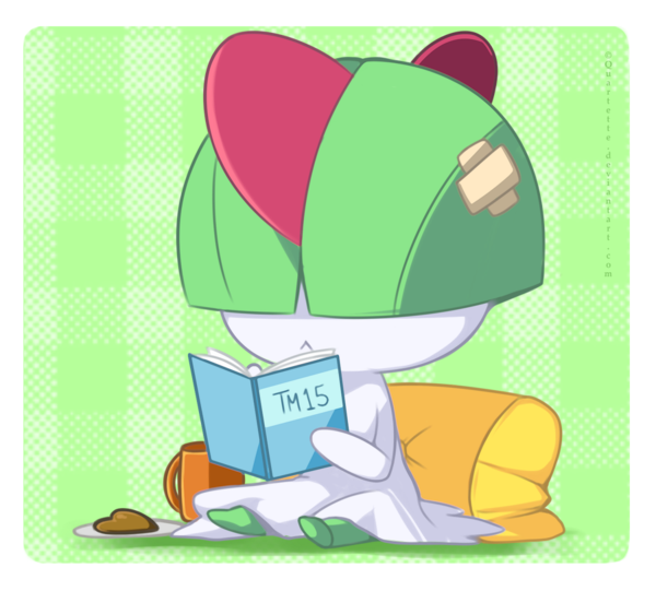 bandaid book checkered checkered_background chocolate chocolate_heart cup full_body green_background heart holding holding_book no_humans pillow plaid plaid_background plate pokemon pokemon_(creature) pokemon_(game) pokemon_rse quartette ralts reading sitting solo studying transparent_background watermark web_address