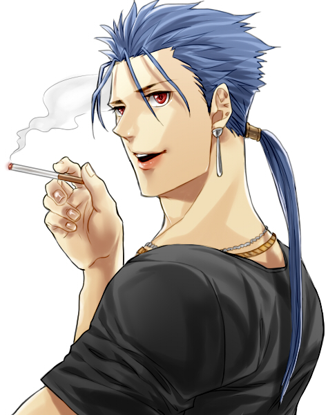 1boy blue_hair casual cigarette earrings fate/stay_night fate_(series) jewelry lancer long_hair mitsuki_mitsuno ponytail red_eyes solo t-shirt