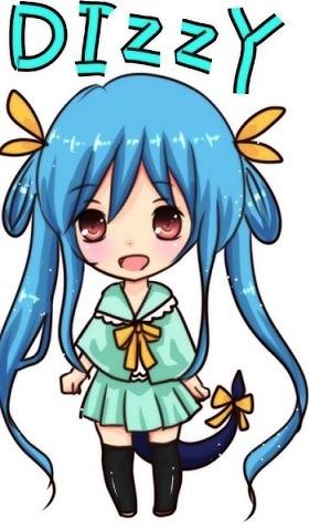 blue_hair blush bow dizzy guilty_gear hair_bow long_hair lowres open_mouth ribbon tail tail_ribbon thigh-highs thighhighs twintails