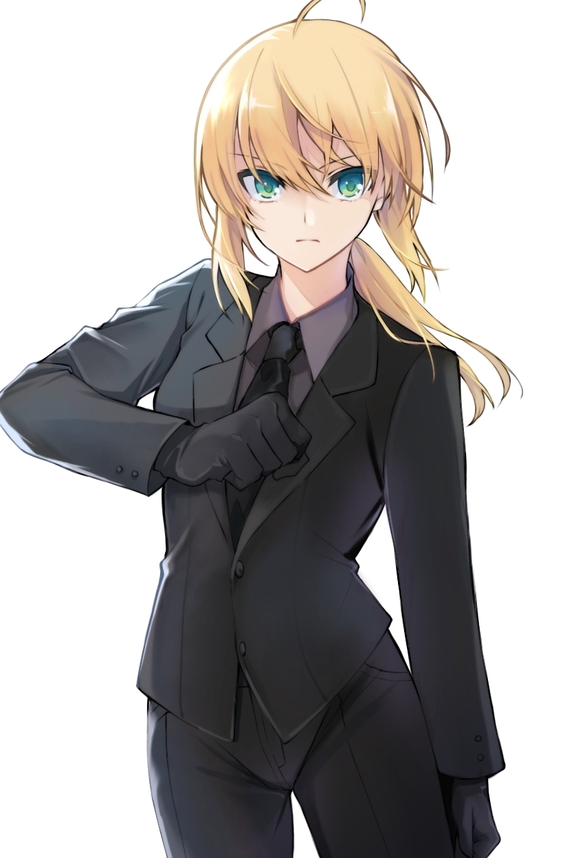 1girl ahoge artoria_pendragon_(fate) bangs black_gloves black_jacket black_necktie black_pants blonde_hair closed_mouth collared_shirt cowboy_shot eyebrows_visible_through_hair fate/zero fate_(series) floating_hair formal frown gloves green_eyes grey_shirt hair_between_eyes highres jacket long_hair long_sleeves looking_at_viewer low_ponytail maru_(pixiv51714255) necktie pant_suit pants saber shirt sidelocks simple_background solo standing suit white_background wing_collar