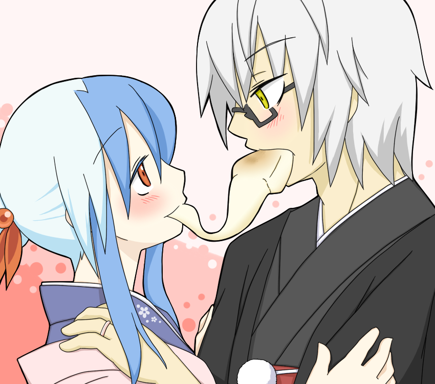 1boy 1girl alternate_costume alternate_hairstyle blue_hair blush couple eating eye_contact food food_in_mouth glasses grey_hair hand_on_another's_shoulder hetero japanese_clothes jewelry kamishirasawa_keine kimono long_hair looking_at_another mochi morichika_rinnosuke multicolored_hair new_year payot pink_background red_eyes ring sag_(karehabase) short_hair touhou two-tone_hair wagashi yellow_eyes