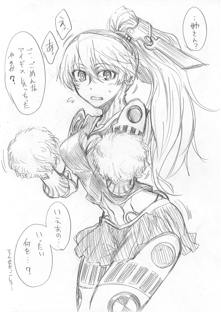 1girl android breasts cheerleader cleavage labrys long_hair midriff monochrome persona persona_4:_the_ultimate_in_mayonaka_arena pom_poms ponytail robot_joints segami_daisuke sketch skirt solo