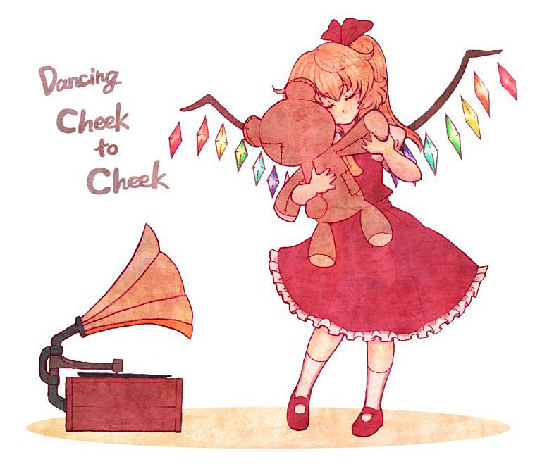1girl blonde_hair closed_eyes colored_pencil_(medium) dancing english eyes_closed flandre_scarlet hair_ribbon long_hair no_hat no_headwear phonograph ribbon side_ponytail simple_background solo stuffed_animal stuffed_toy teddy_bear terajin touhou traditional_media white_background wings