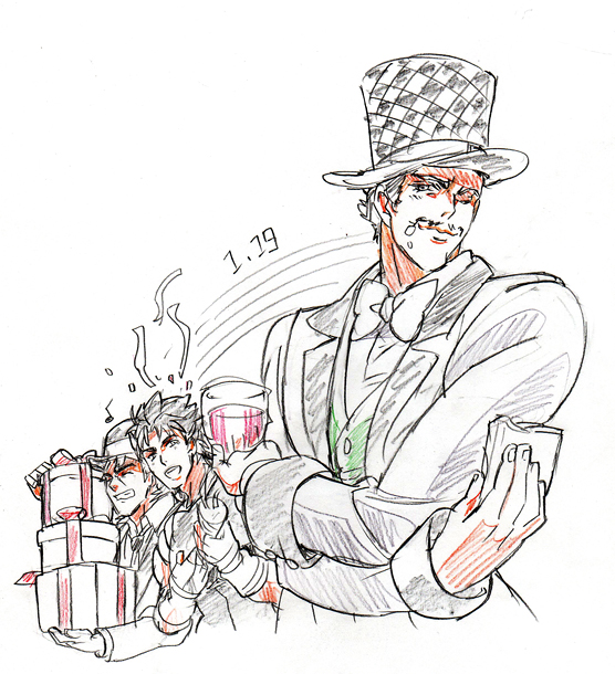 3boys color_trace colored_pencil_(medium) confetti cup dated food food_on_face gift ichihara2929 jojo_no_kimyou_na_bouken jonathan_joestar multiple_boys robert_eo_speedwagon traditional_media will_anthonio_zeppeli wine_glass