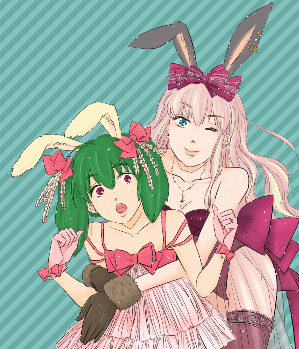 2girls animal_ears bare_shoulders blue_eyes bow bunny_ears bunnysuit gloves green_hair hair_bow hug hug_from_behind ing._(836835) macross macross_frontier multiple_girls pink_hair purple_legwear rabbit_ears ranka_lee red_eyes see-through sheryl_nome striped striped_background surprised thigh-highs thighhighs wink