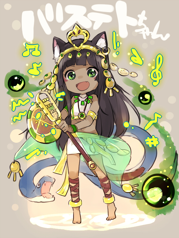 1girl :d animal_ears bastet_(p&amp;d) brown_hair cat_ears cat_tail dark_skin fang green_eyes jewelry midriff musical_note open_mouth puzzle_&amp;_dragons smile snake solo standing tail taneda_yuuta