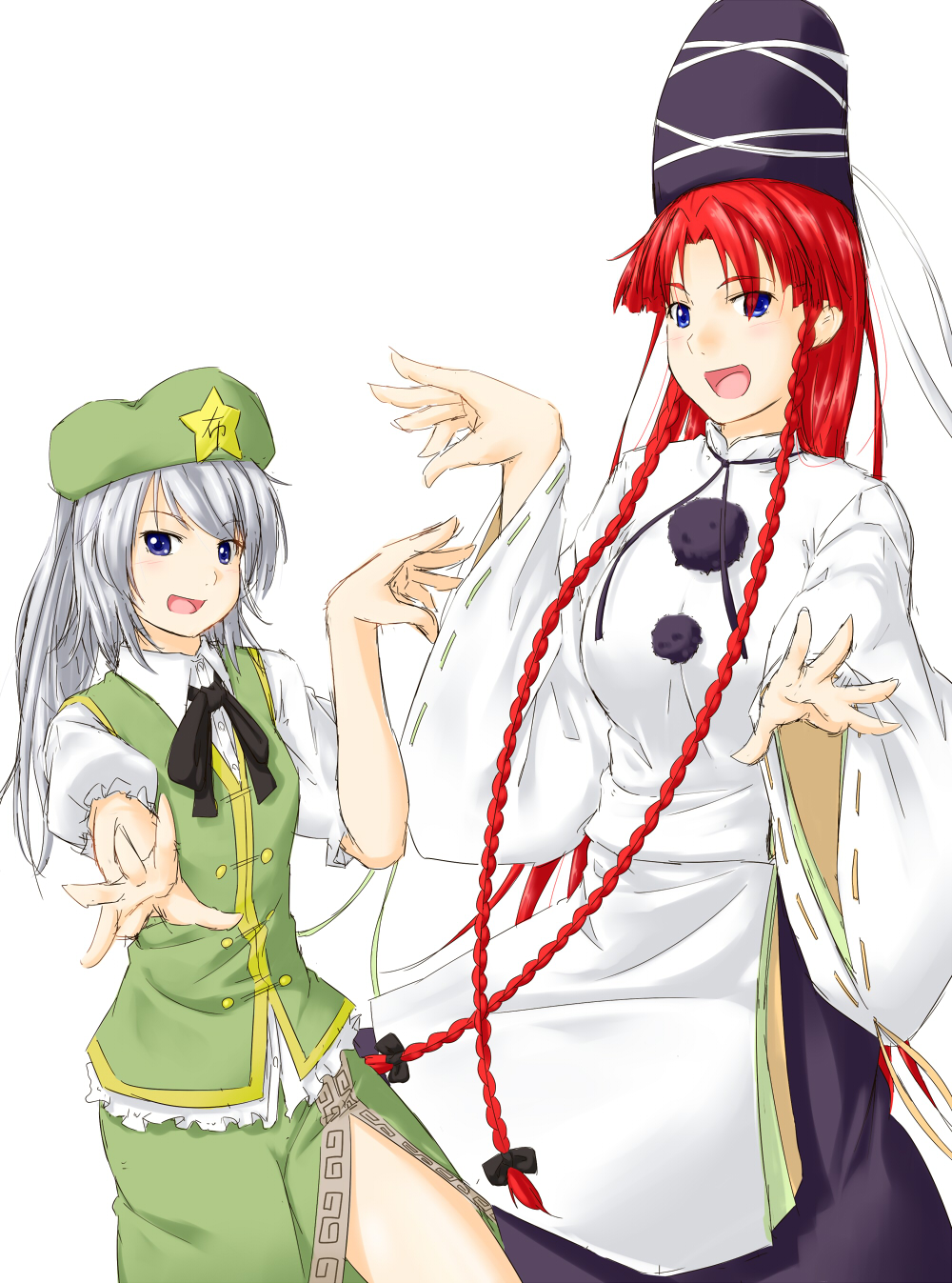 2girls :d blue_eyes braid cosplay costume_switch fighting_stance hat highres hong_meiling hong_meiling_(cosplay) long_hair mononobe_no_futo mononobe_no_futo_(cosplay) multiple_girls niwatazumi open_mouth ponytail red_hair redhead silver_hair simple_background skirt smile star tate_eboshi touhou translated twin_braids very_long_hair white_background