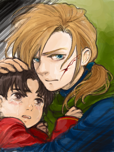2boys blonde_hair blood blue_eyes brown_eyes brown_hair cape crying gensou_suikoden gensou_suikoden_i gremio hug male maru-pan multiple_boys protecting scar short_ponytail tears tir_mcdohl wound wounded young