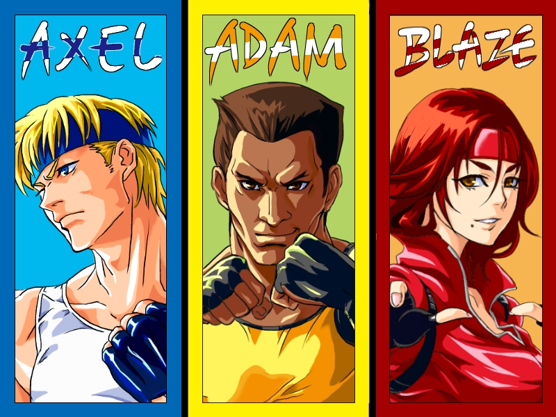 1girl 2boys adam_hunter axel_stone bare_knuckle blaze_fielding blonde_hair blue_eyes brown_eyes brown_hair column_lineup dark_skin fighting_stance fingerless_gloves gloves headband jacket kamiomutsu long_hair mole multiple_boys muscle popped_collar red_jacket short_hair tank_top