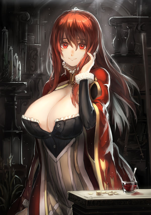 1girl breasts cape cleavage coin cup demon_girl dress gold hair_tucking large_breasts long_hair looking_at_viewer maou_(maoyuu) maoyuu_maou_yuusha red_eyes red_hair redhead ryuuzaki_itsu smile solo spoon sunbeam sunlight
