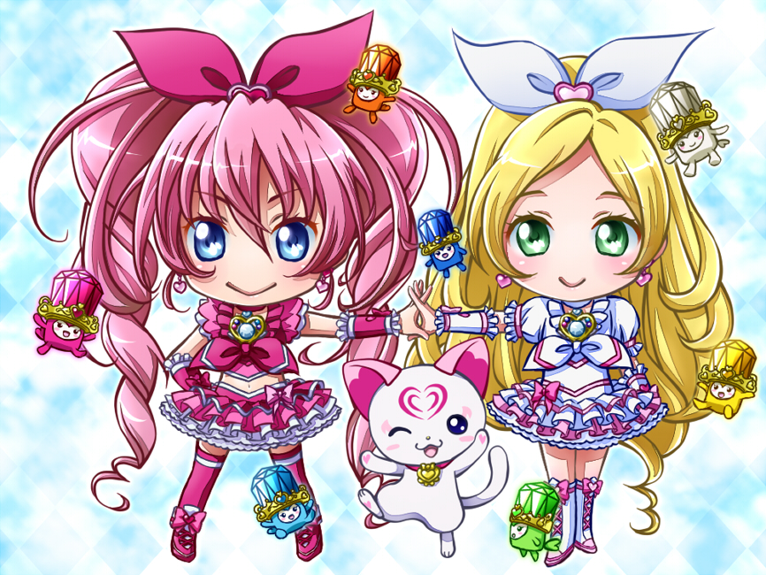 2girls ;d asahi_haru blonde_hair blue_eyes bow brooch cat chibi choker cure_melody cure_rhythm fairy_tone frills green_eyes hair_bow houjou_hibiki hummy_(suite_precure) jewelry long_hair magical_girl midriff minamino_kanade multiple_girls navel no_nose open_mouth pink_hair pink_legwear precure shoes skirt smile suite_precure thigh-highs thighhighs twintails wink wrist_cuffs
