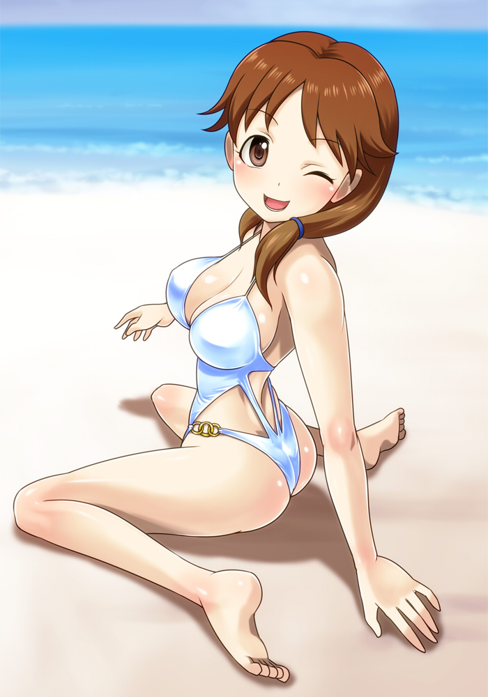 1girl ass barefoot beach blush breasts brown_eyes brown_hair casual_one-piece_swimsuit cleavage idolmaster idolmaster_cinderella_girls katagiri_sanae large_breasts long_hair looking_back low_twintails muhi11234 one-piece_swimsuit open_mouth shiny shiny_skin sitting smile swimsuit twintails wariza wink