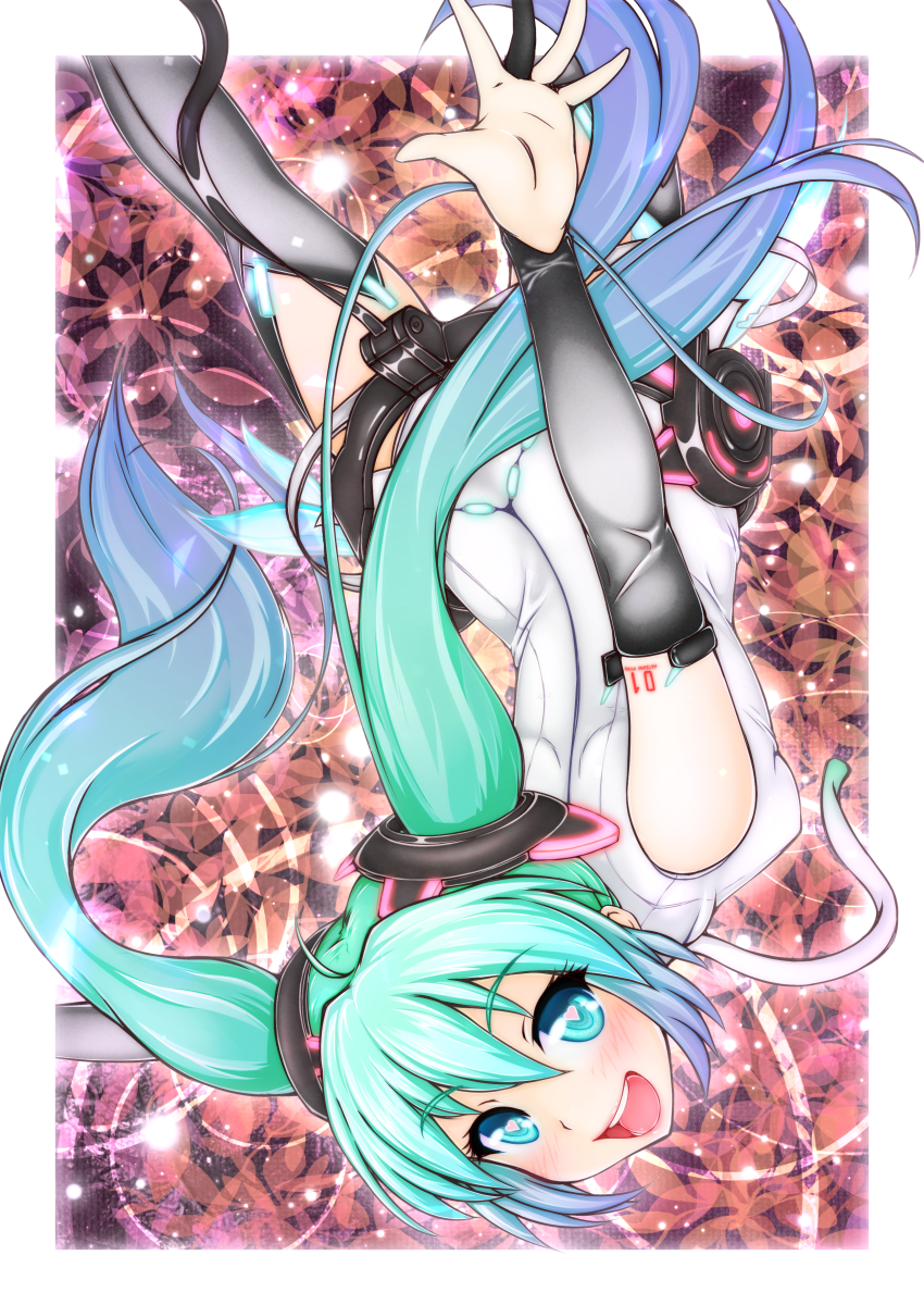 1girl bridal_gauntlets green_eyes green_hair hatsune_miku hatsune_miku_(append) heart heart-shaped_pupils highres long_hair looking_at_viewer miku_append necktie open_mouth solo symbol-shaped_pupils thigh-highs thighhighs twintails upside-down very_long_hair vocaloid vocaloid_append