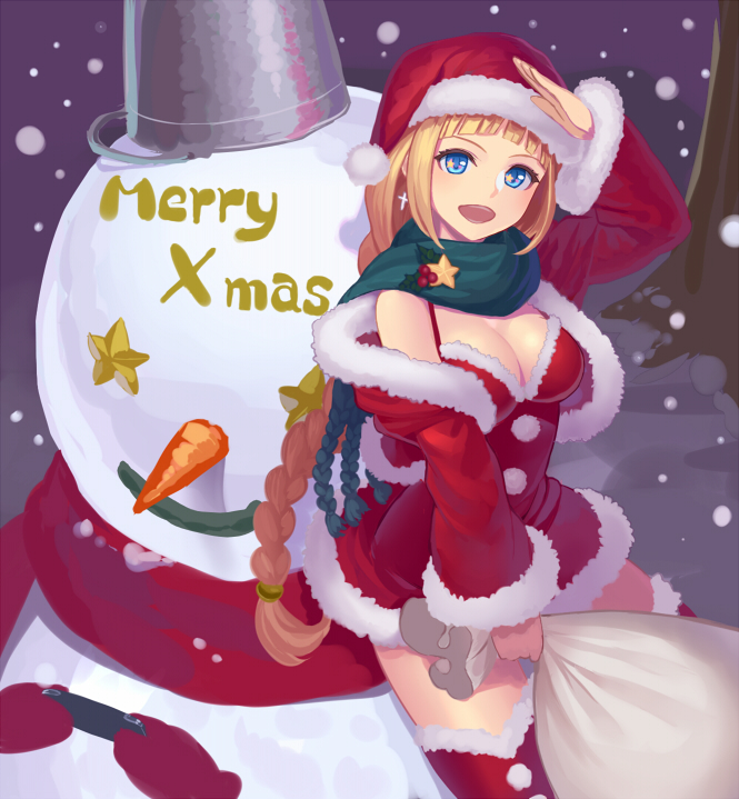 1girl :d bangs blonde_hair blue_eyes blunt_bangs braid breasts christmas cleavage dress earrings fur_trim hat jacket jewelry k+ long_hair merry_christmas open_mouth original red_legwear sack salute santa_costume santa_hat scarf smile snow snowman solo thigh-highs thighhighs