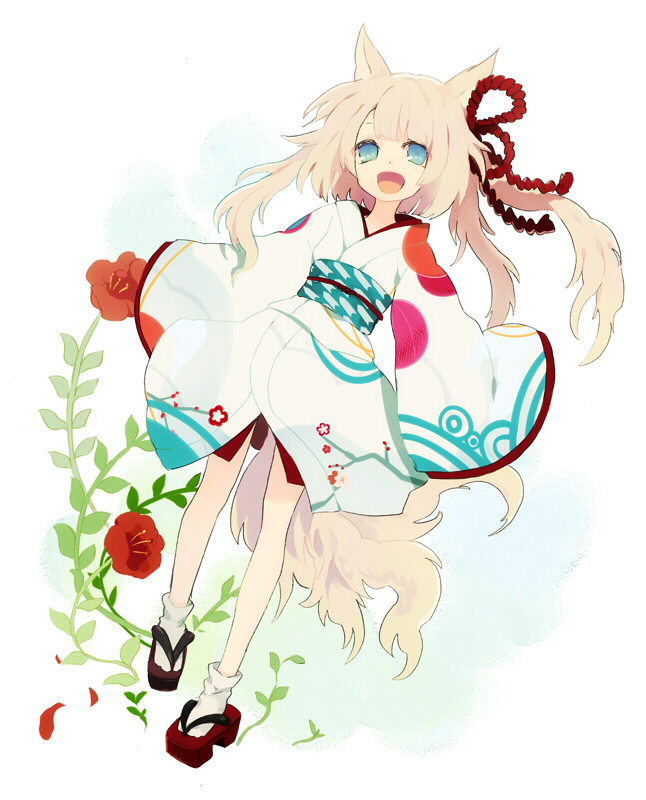 1girl animal_ears flower harano japanese_clothes long_hair looking_at_viewer open_mouth original smile solo tail