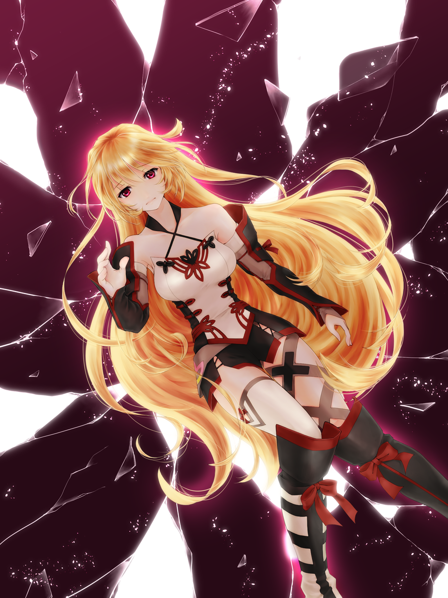 1girl arm_warmers bare_shoulders blonde_hair boots broken highres kururi_(pixiv2432322) long_hair milla_(tales_of_xillia_2) milla_maxwell miniskirt outstretched_hand purple_background red_eyes sad single_thighhigh skirt solo tales_of_(series) tales_of_xillia tales_of_xillia_2 thigh-highs thighhighs