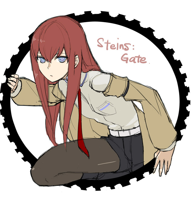 1girl blue_eyes brown_hair flat_chest fourth_wall jacket kimuchi legwear_under_shorts long_hair looking_at_viewer makise_kurisu necktie out_of_frame pantyhose shorts solo steins;gate title_drop