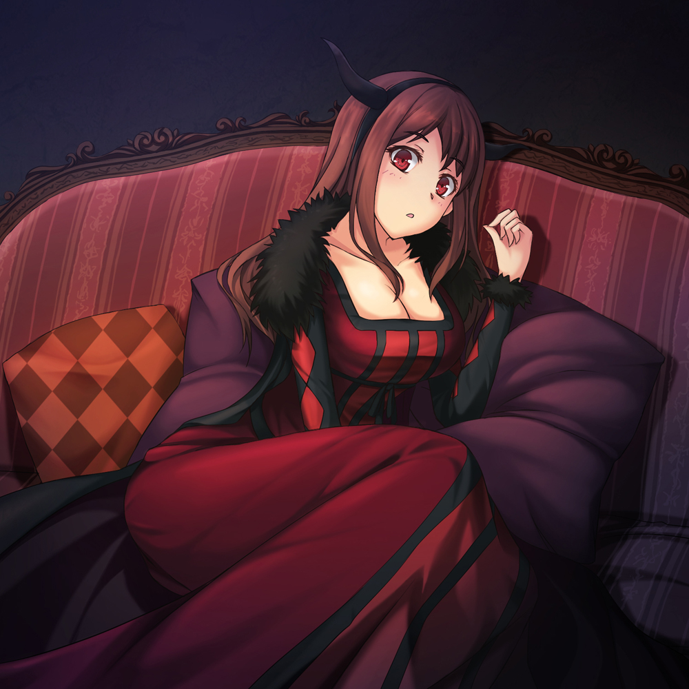 1girl argyle breasts cleavage couch dress horns huge_breasts long_hair looking_at_viewer maou_(maoyuu) maoyuu_maou_yuusha pillow red_dress red_eyes red_hair redhead solo yumemizuki